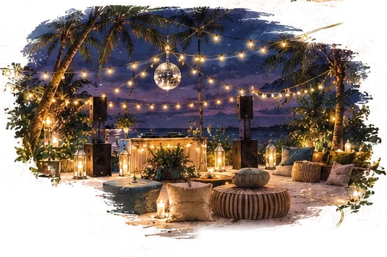 A beach party under string lights with a disco ball
