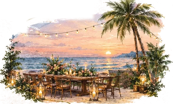 A long dinner table with lanterns on the beach at sunset