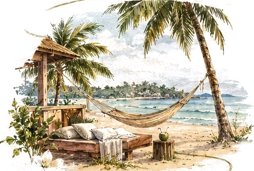 A hammock between palm trees on a quiet beach