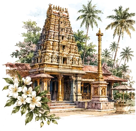 A painted gopuram temple with jasmine flowers